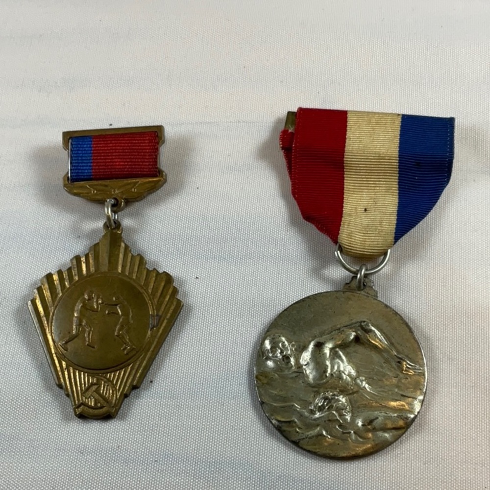 Two Antique Metals, Boxing (CCP) and Swimming